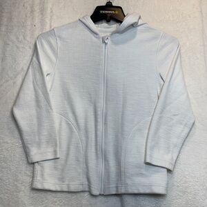 Full Zip Hoodie Womens Size Small White Waffle Knit 3/4 Sleeve Pockets